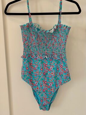 SOLID & STRIPED Turquoise Floral Smocked swimsuit